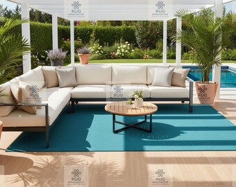 Alfombra de lana color verde azulado sólido / Alfombra minimalista moderna hecha a mano / Alfombra para sala de estar y dormitorio /