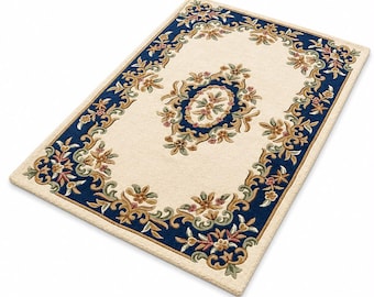 Blue Border Floral Hand Tufted Wool Rug Traditional Area Rug Cream and Navy Handmade Carpet for Living Room Bedroom and Dining Room Decor