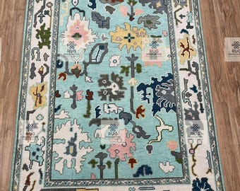 Alfombra Oushak azul verdoso anudada a mano / Alfombra de lana turca floral / Alfombra de decoración del hogar para dormitorio y sala de estar /
