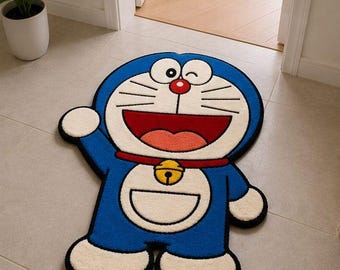 Alfombra de Doraemon tejida a mano, alfombra de personaje de dibujos animados, alfombra para dormitorio infantil, alfombra inspirada en el anime, alfombra de lana hecha a mano, linda decoración para guardería