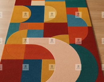 Geometric Hand-Tufted Area Rug: Modern Abstract Color Block Carpet