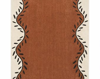 Handtufted Wool Area Rug, Rust Terracotta Rug with Scalloped Cream Border, Modern Boho Rug for Living Room
