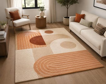 Organic Geometric Hand Tufted Wool Rug Modern Abstract Area Rug Beige Terracotta Contemporary Living Room Bedroom Carpet Scandinavian home