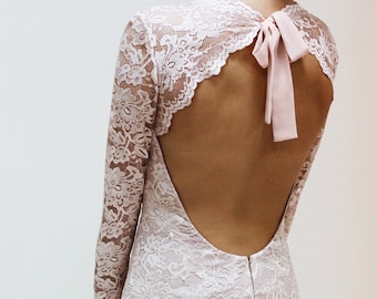 Lace Dress with Open Back and Long Sleeves, Reception Dress, Cocktail Dress, Knee Length Lace Dress, Short Lace Dress