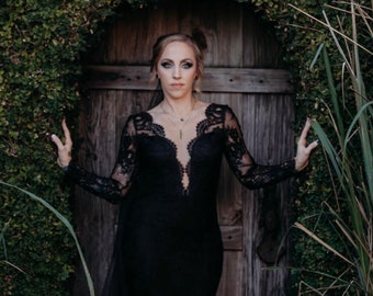 Black Lace Wedding Dress, Black Bridal Gown with Long Sleeves, Gothic Wedding Dress with Open Back, Ready to Ship Black Wedding Dress Sample