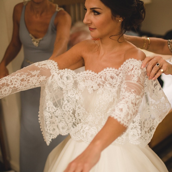 Bruiloft kanten bolero, off-shoulder bolero, bruidsbolero, kanten topper, kanten bolero, kanten jasje, kanten cover-up, bruiloftsbolero