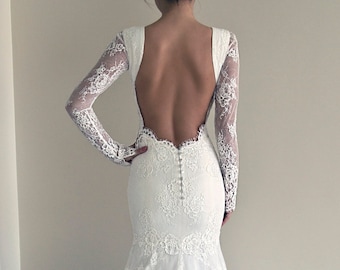 Lace Wedding Dress, Long Sleeve Wedding Dress, Mermaid Wedding Dress, Open Back Lace Dress, Backless Wedding Dress, Lace Wedding Gown
