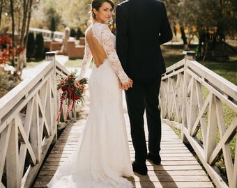 Keyhole Back Wedding Dress, Lace Wedding Dress, Hippie Boho Wedding Dress, Open Back Wedding Dress