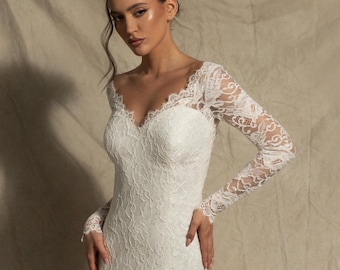Open Back Lace Wedding Dress with Sleeves, Bohemian Outdoor Lace Wedding Dress with Keyhole Back | VERONA in French Lace