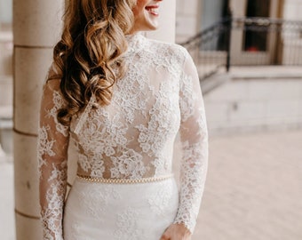 Body da sposa in pizzo, Body da sposa con maniche lunghe, Abito da sposa Topper, Body in pizzo a collo alto, Body da sposa Boho