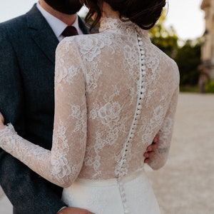 Bridal Bodysuit, Wedding Bodysuit, Bridal Lace Topper, Lace Bridal Bodysuit, Lace Wedding Bodysuit, Bodysuit with Long Sleeves, Turtleneck