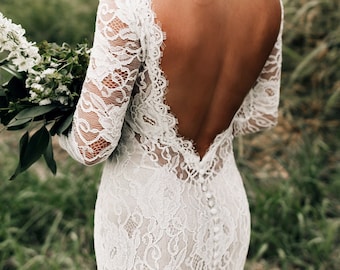 Lace Wedding Dress, Boho Wedding Dress, Bohemian Wedding Dress, Wedding Dress with Long Sleeves, Long Sleeves and Open Back Wedding Dress