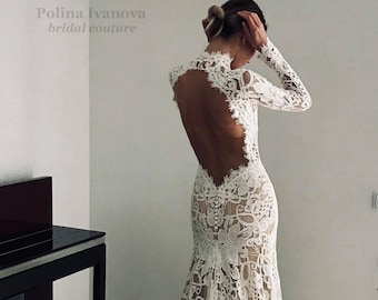 Open Back Lace Wedding Dress, Boho Wedding Dress, Wedding Dress with Long Sleeves, Long Sleeve Wedding Dress with Turtle Neckline | ANNA