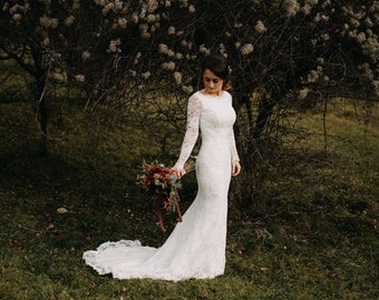 Lace Wedding Dress, Long Sleeves, Simple Wedding Dress, Modest Wedding Gown, Minimalist Lace Wedding Dress