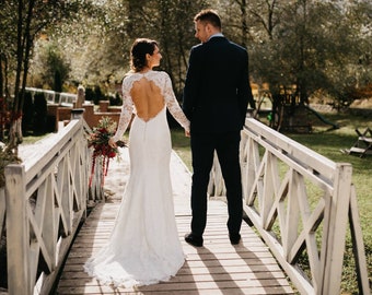 Long Sleeve Lace Wedding Dress, Open Back Wedding Dress, Lace Bridal Gown | VERONA