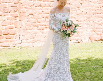 Bohemian Lace Wedding Dress, Off-shoulder Wedding Dress with Long Sleeves, Open Back Off-shoulder Dress | LIANA
