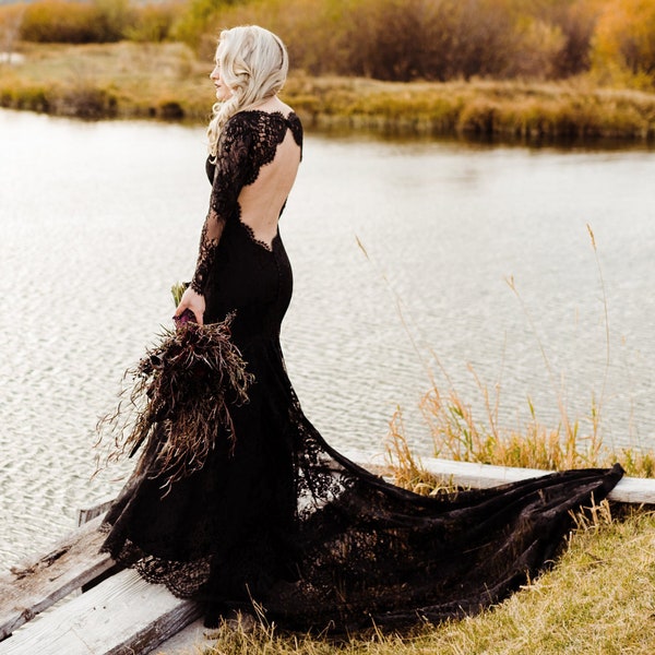Vestido de noiva preto, vestido de noiva gótico, vestido de noiva alternativo, vestido de noiva de renda preta, vestidos de noiva pretos