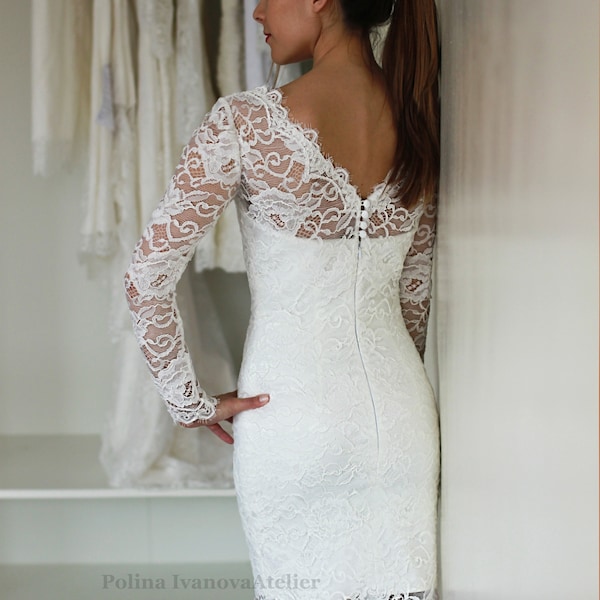 Kurzes Brautkleid mit Ärmeln, Empfang Kleid, Französische Spitze Brautkleid, V-Rücken Brautkleid, Illusion Ausschnitt Brautkleid