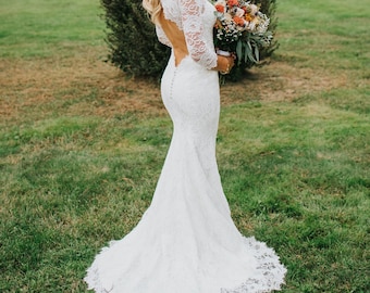 Open Back Wedding Dress, Lace Wedding Dress with Sleeves, Bohemian Wedding Dress | VERONA