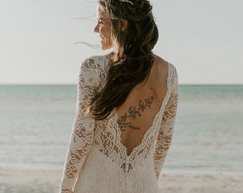 Long Sleeve Lace Wedding Dress with Open Back, Boho Wedding Dress, Elopement Wedding Dress, Simple Lace Bridal Gown | SARAH in French Lace