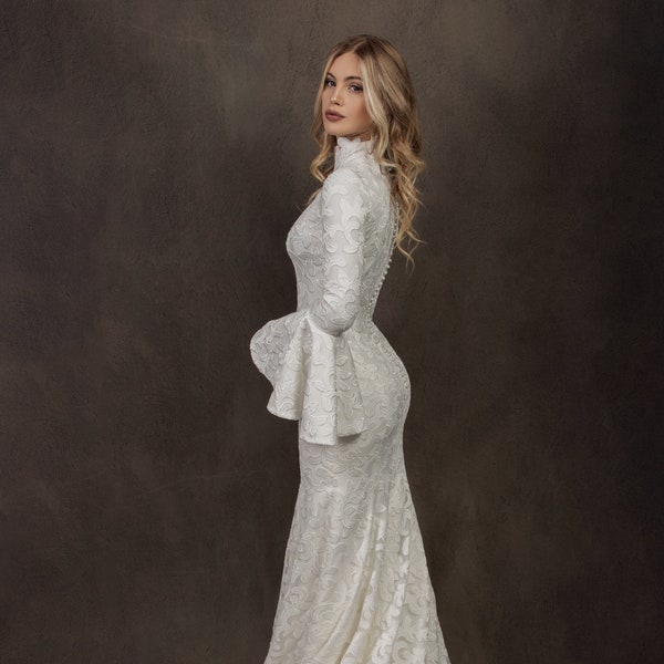 Long Sleeve Wedding Dress, Winter Lace Wedding Dress, Modest Wedding Dress, Wedding Dress with Turtle neckline and Bell Sleeves | CHARLOTTE