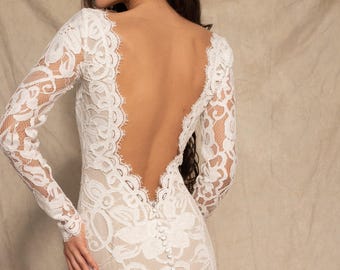 Lace Wedding Dress, Lace Wedding Dress with Sleeves, Open Back Wedding Dress, Bohemian Wedding Dress | BROOKE