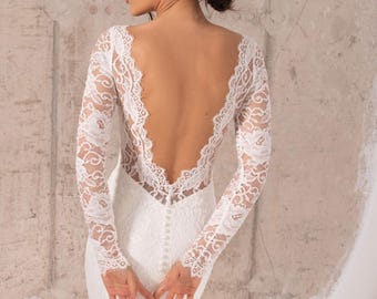 Vestido de novia de encaje con espalda descubierta y mangas largas, vestido de novia bohemio con escote en V en la espalda, vestido de novia de encaje / Sarah en encaje francés