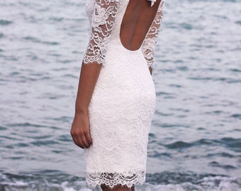 Short Wedding Dress, Knee Wedding Dress, White Lace Dress, Reception Dress, Engagement Dress, Short Wedding Dress with Open Back