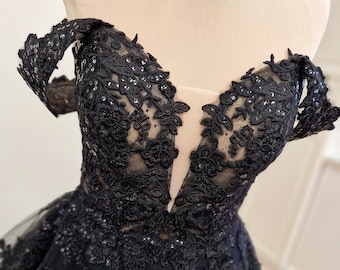 Black Wedding Dress, Alternative Wedding Dress, Black Ball Gown A-line Strapless Off-shoulder Sparkly Lace Wedding Dress  | RAVENA