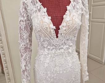 Mermaid Lace Wedding Dress with Long Sleeves and Deep Plunging V-neckline, 3D Floral Lace Sparkly Beaded Wedding Dress | AMARA