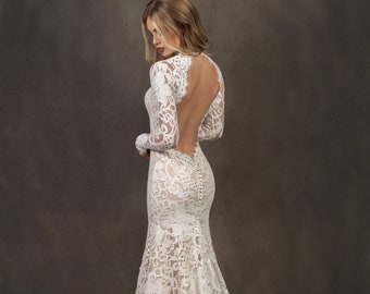 Long Sleeve Wedding Dress, Boho Wedding Dress, Open Back Wedding Dress. Lace Bridal Gown  | ANNA