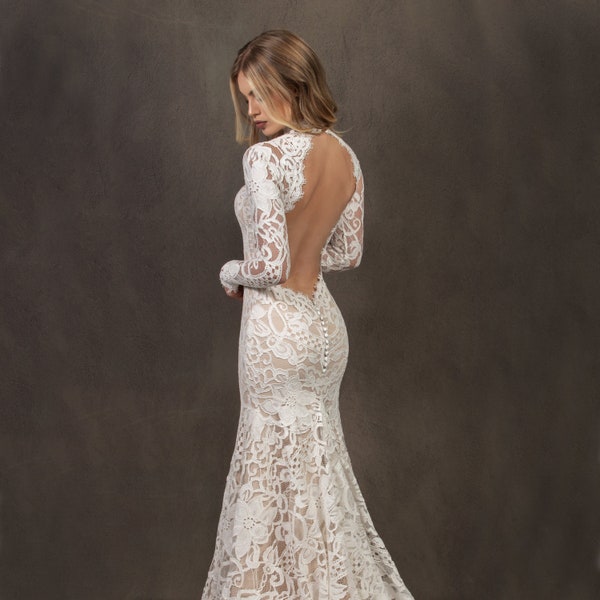 Long Sleeve Wedding Dress, Boho Wedding Dress, Open Back Wedding Dress. Lace Bridal Gown  | ANNA