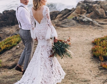 Boho Wedding Dress, Bell Sleeves Wedding Dress, Bohemian Wedding Dress, Long Sleeve Wedding Dress, Lace Wedding Dress, Custom Wedding Dress