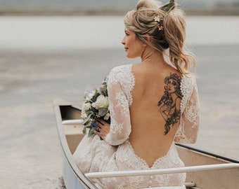 Backless Wedding Dress, Lace Wedding Dress, Sexy Wedding Dress, Open Back Wedding Dress, Wedding Dress with Long Sleeves