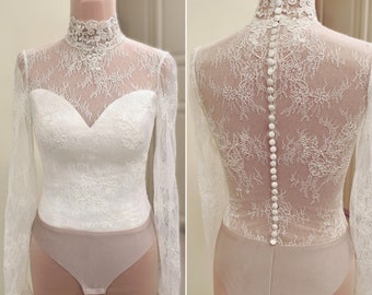 Body da sposa con coppe reggiseno, body da sposa in pizzo, top in pizzo da sposa, body da sposa con maniche lunghe e collo alto, PRONTO PER LA SPEDIZIONE Taglia S
