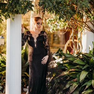 Black Lace Wedding Dress, Black Bridal Gown with Long Sleeves, Gothic Wedding Dress with Open Back, Alternative Lace Wedding Dress | VERONA image 2