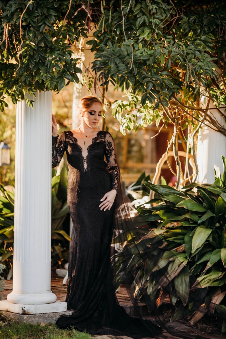 Black Lace Wedding Dress, Black Bridal Gown with Long Sleeves, Gothic Wedding Dress with Open Back, Alternative Lace Wedding Dress | VERONA image 2