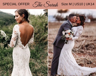 IN STOCK size M, Bohemian Lace Wedding Dress, Low Back Wedding Dress, Boho Wedding Dress, Wedding Dress with Long Sleeves