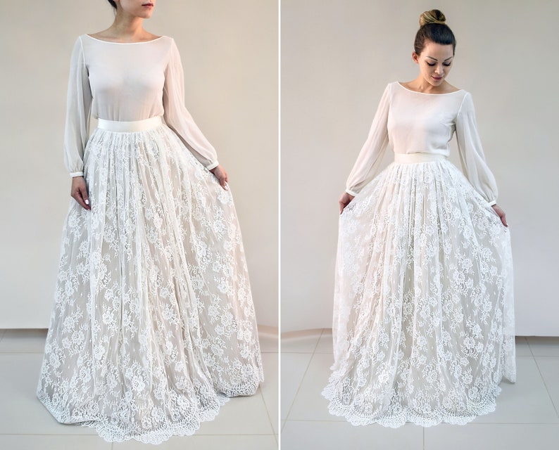 Wedding lace skirt in A-line silhouette made in delicate Chantilly lace over tulle and satin under layers.