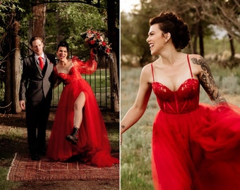 Red Wedding Dress, Red Ball Gown, Red Bridal Gown, Gothic Wedding Dress, Princess Wedding Dress, Red Lace Wedding Dress, Long Sleeves Dress