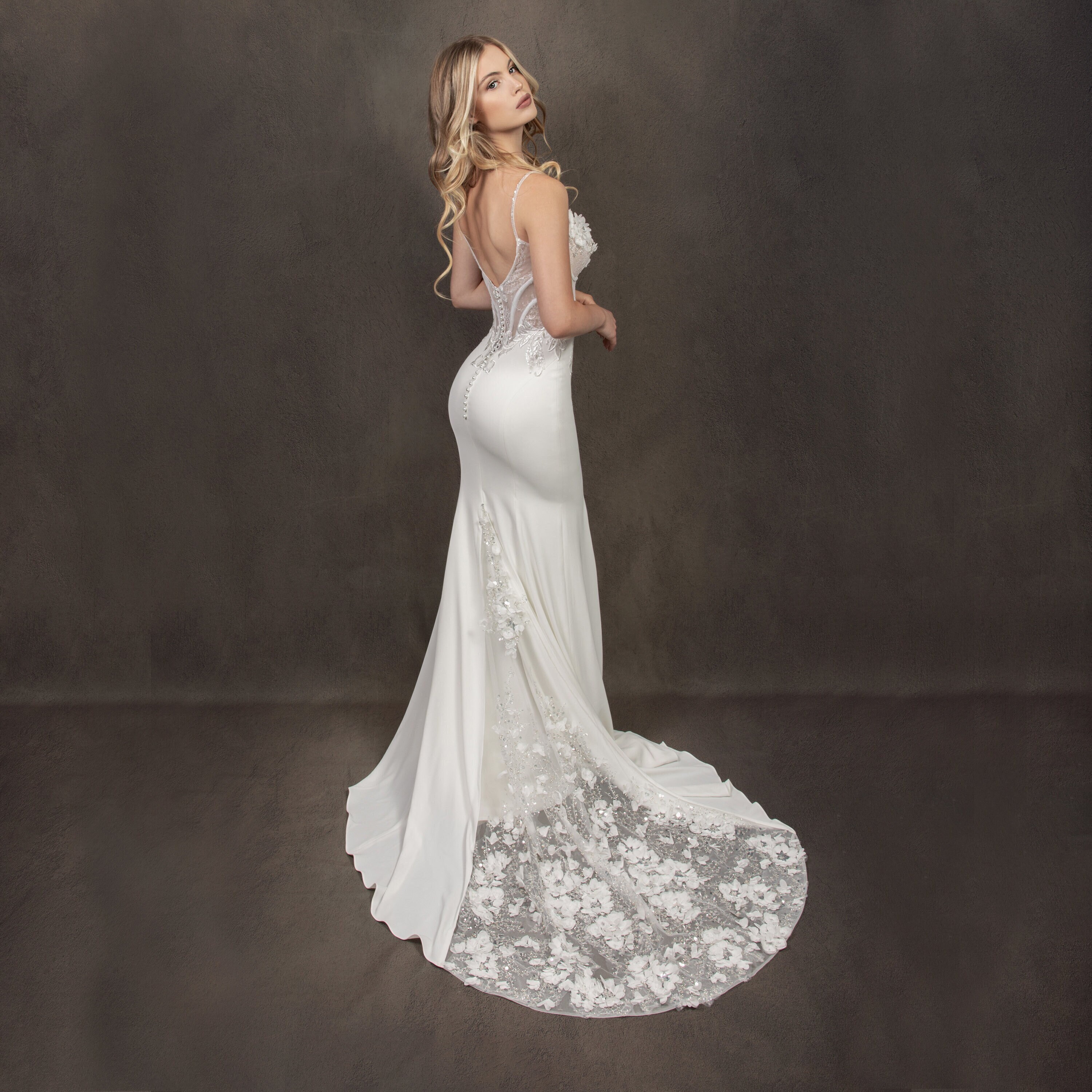 Lace Wedding Dress with Corset Bodice and Basque Waistline, Beaded Crepe Wedding Dress, Mermaid Lace Wedding Dress | Arabella