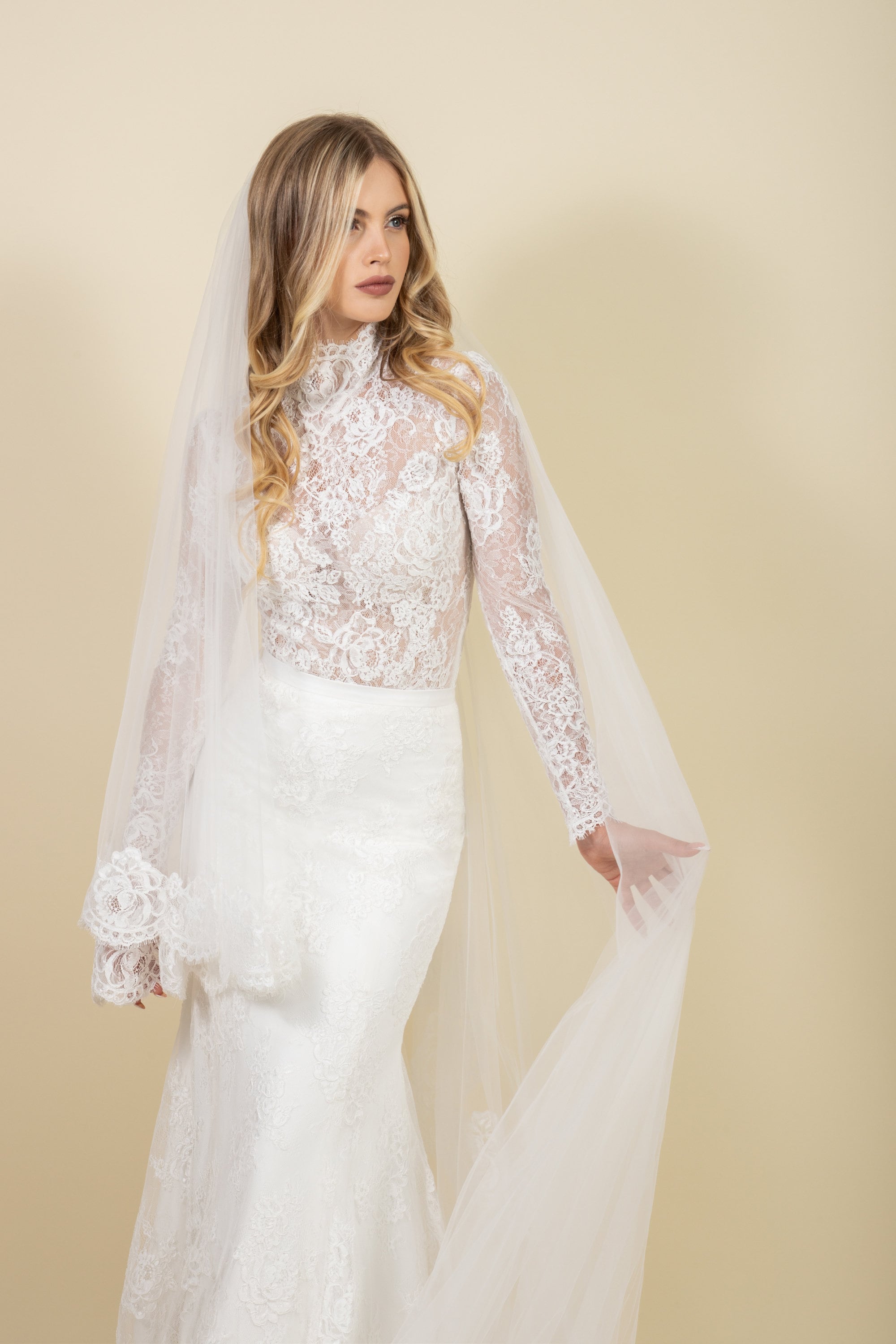 long sleeve bodysuit under wedding dress Watters Long-Sleeve Lace Bodysuit