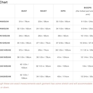 May include: A white size chart table with black text listing garment measurements for bust, waist, hips, and biceps across US, UK, and EU sizes from 2 to 16. The chart includes a note stating that garments have some stretch for flexibility.