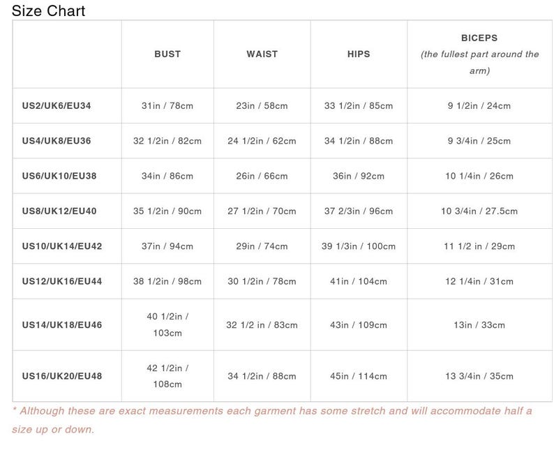 May include: A white size chart table with black text listing garment measurements for bust, waist, hips, and biceps across US, UK, and EU sizes from 2 to 16. The chart includes a note stating that garments have some stretch for flexibility.