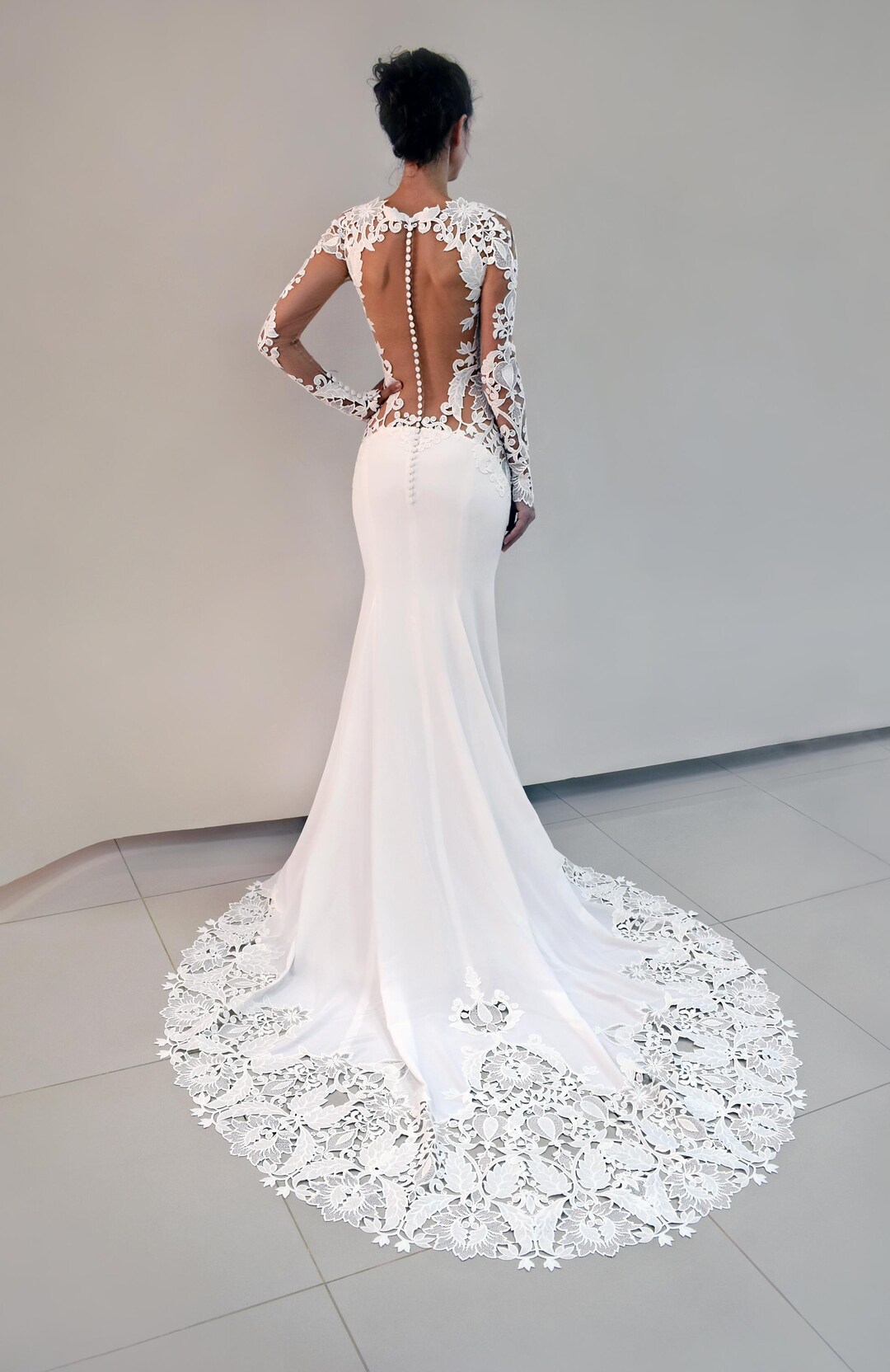 long sleeve trumpet wedding dress Square Neck French Lace with Ruffle Skirt Sheath 2 Selena Custom-Made Mermaid V-neck