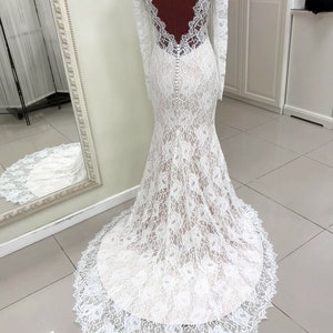 Lace Wedding Dress, Open Back Wedding Dress, Low V-back Dress, Boho Wedding Dress, Bohemian Wedding Dress, Wedding Dress with Sleeves image 8