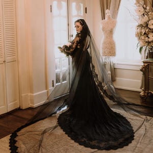 Black Lace Wedding Dress, Black Bridal Gown with Long Sleeves, Gothic Wedding Dress with Open Back, Alternative Lace Wedding Dress | VERONA image 7