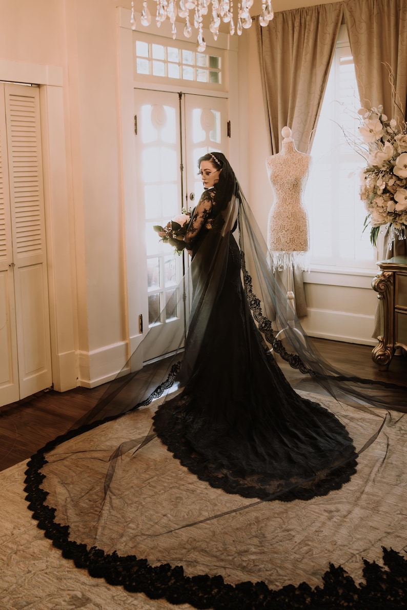 Black Lace Wedding Dress, Black Bridal Gown with Long Sleeves, Gothic Wedding Dress with Open Back, Alternative Lace Wedding Dress | VERONA image 7