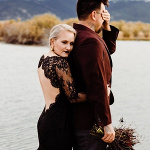 Black Lace Wedding Dress, Black Bridal Gown with Long Sleeves, Gothic Wedding Dress with Open Back, Alternative Lace Wedding Dress | VERONA image 5