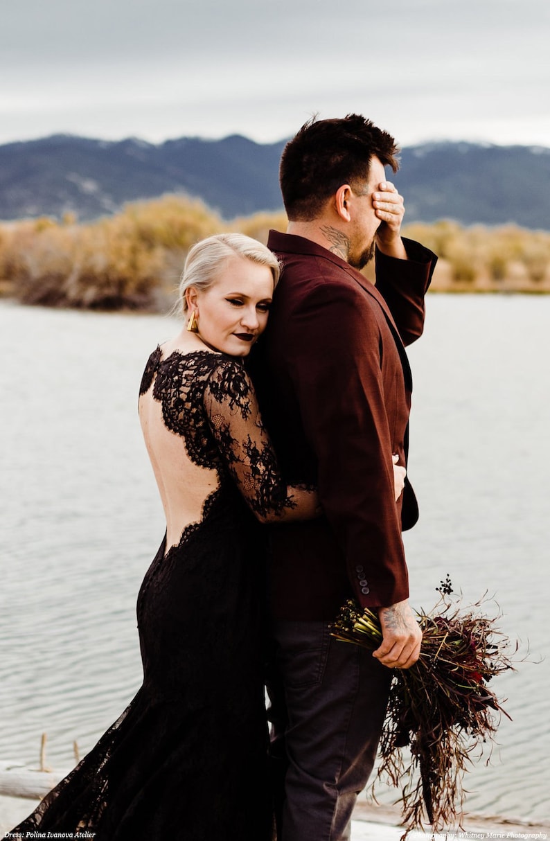Black Lace Wedding Dress, Black Bridal Gown with Long Sleeves, Gothic Wedding Dress with Open Back, Alternative Lace Wedding Dress | VERONA image 5